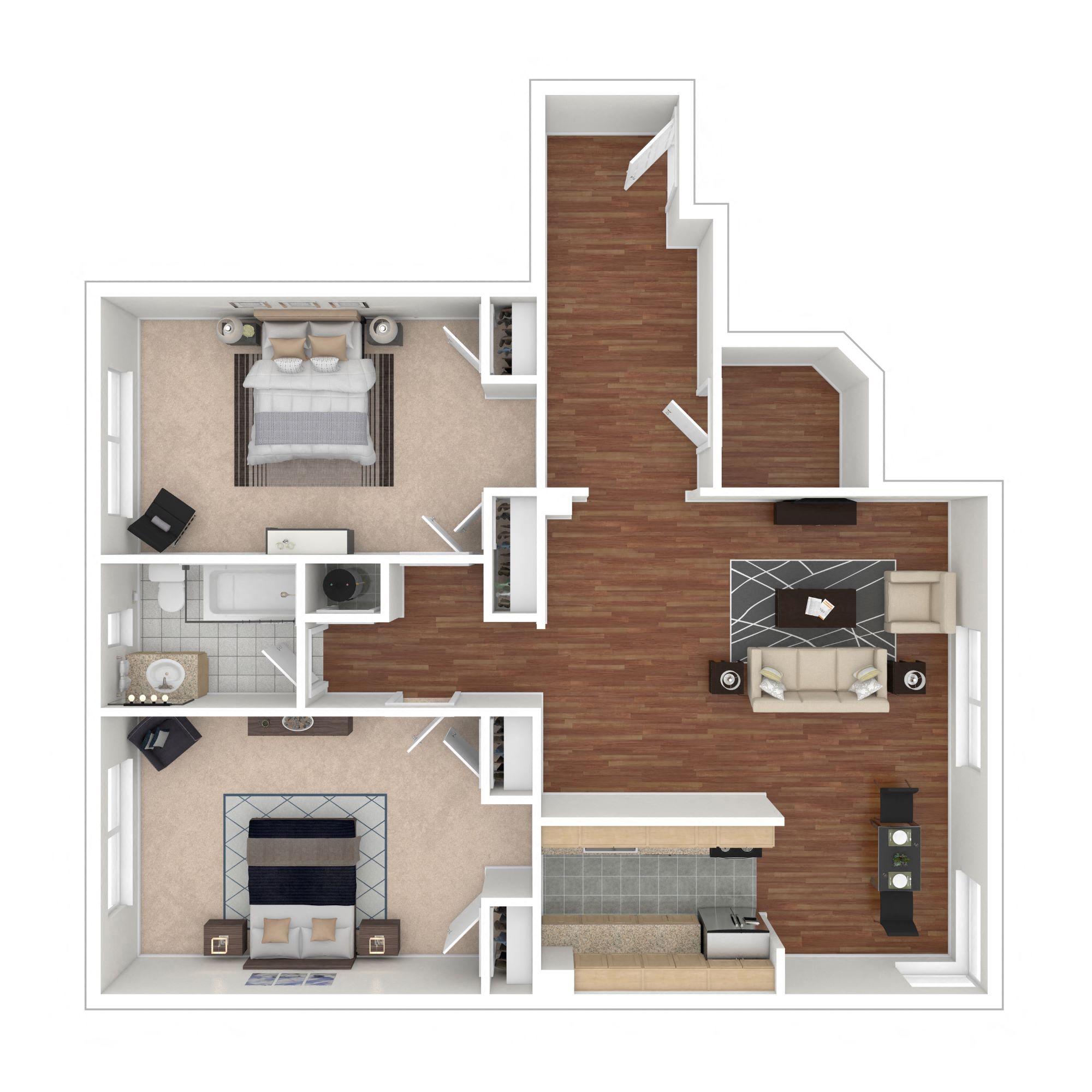 Floor plan for 2 beds, 1 bath, 981 sqft